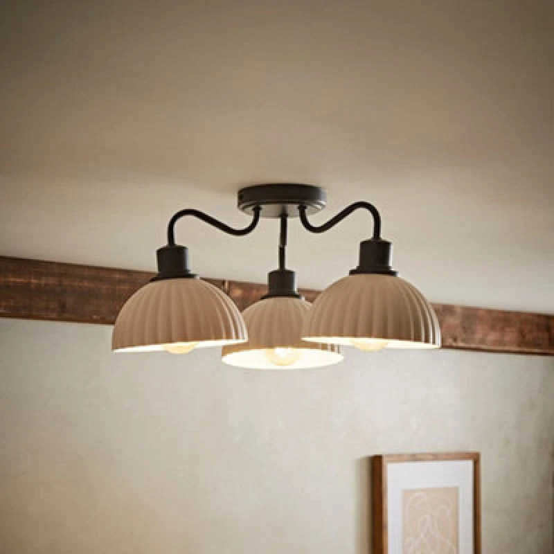 Image of Valuelights Bourton Matte Black 3 Arm Ceiling Light Wth Ribbed Dome Shades