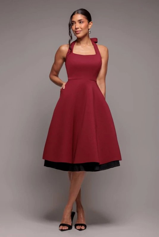 Image of Goddiva Womens Contrast Organza Frill Bow Back Halter Midi Dress in Burgundy Size: 10 Burgundy Female 10