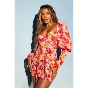 Image of I Saw It First Pink Woven Floral Puff Sleeve Ruched Front Bodycon Dress - Pink