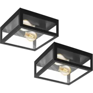 Image of 2 PACK Wall Flush Ceiling Light Colour Black Shade Clear Glass Bulb E27 2x40W