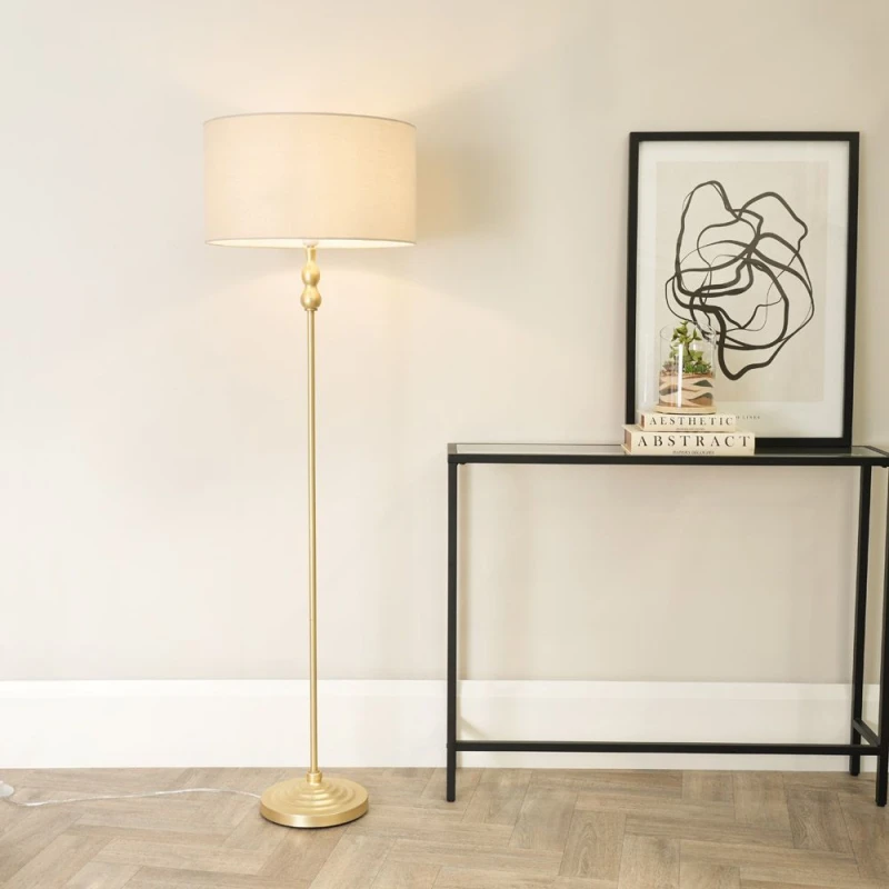 Image of ValueLights Maggie Gold Metal Candlestick Floor Lamp with Fabric Lamp Shade Natural