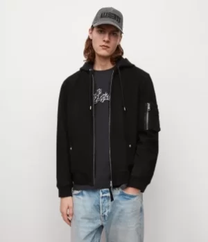 Image of AllSaints Mens Izaka Leather Bomber Jacket, Black, Size: M