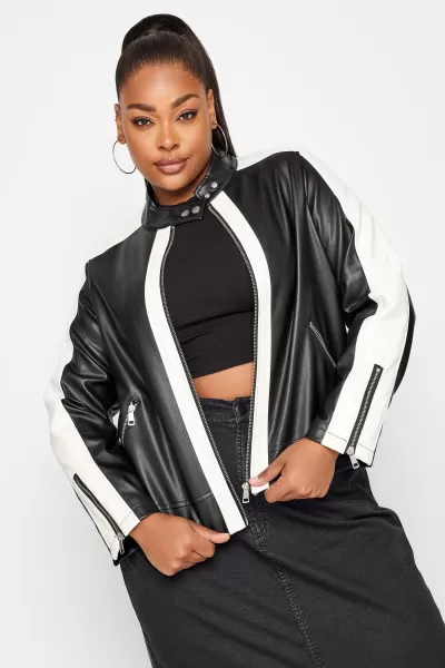 Image of Faux Leather Contrast Stripe Biker Jacket