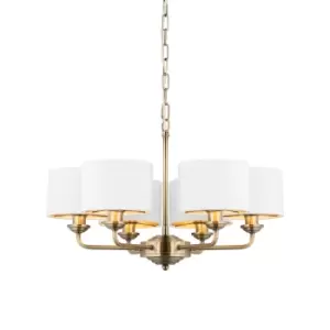 Image of Highclere Multi Arm Shade Pendant Ceiling Lamp, Antique Brass Plate, Vintage White Fabric