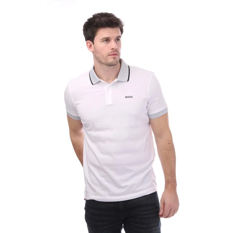 Image of Boss Popcorn-Structure Stripe Polo Shirt - White White XL