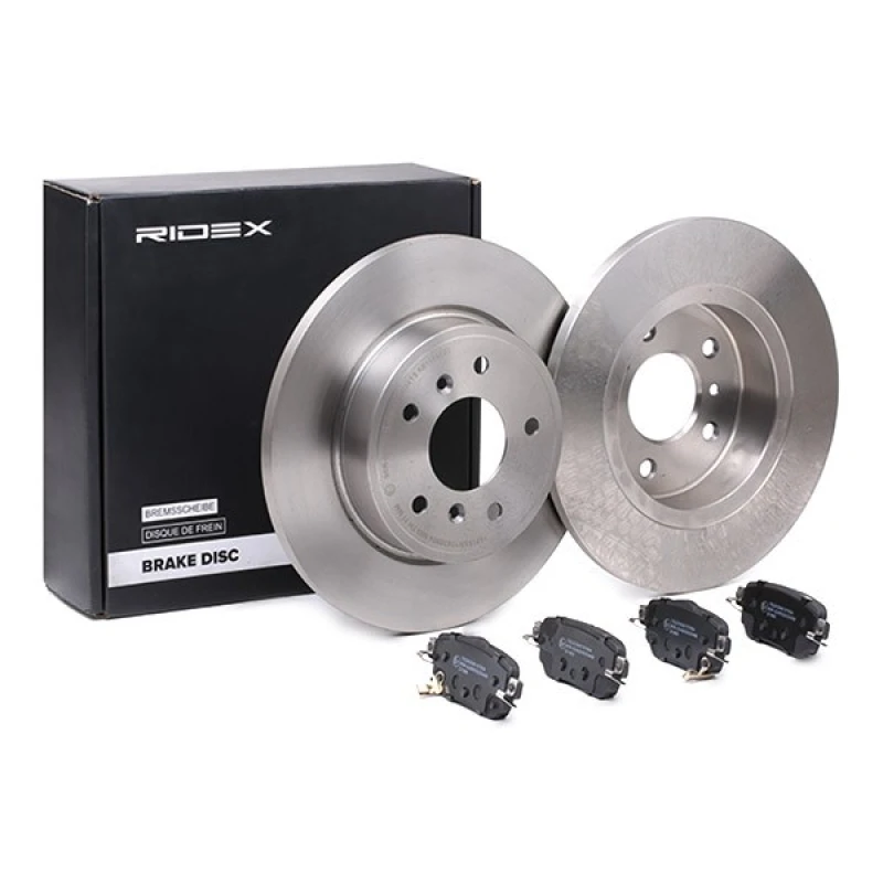 Image of RIDEX 3405B1476 Brake disc and pads set Rear Axle, Brake Disc Type: Solid, with acoustic wear warning Brake Set,disc brakes (3405)