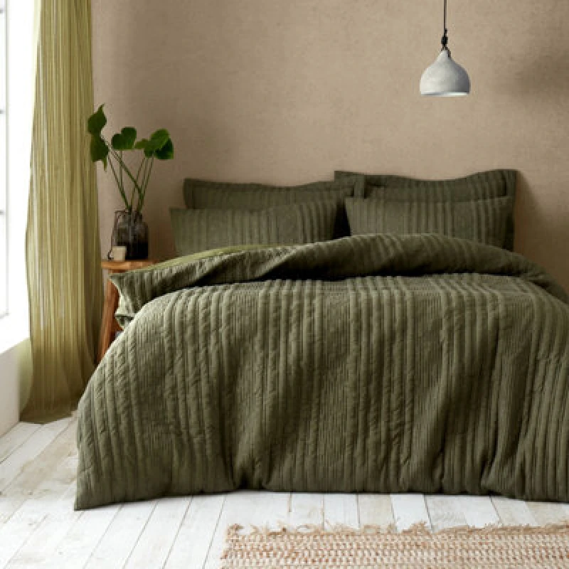 Image of Pineapple Elephant Tamba Jersey Stripe Quilted Single Duvet Cover Set With Pillowcase Olive Green