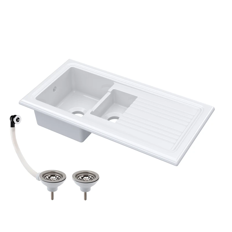 Image of Balterley 1.5 Bowl Inset Fireclay Kitchen Sink and Wastes 1010 x 525mm White