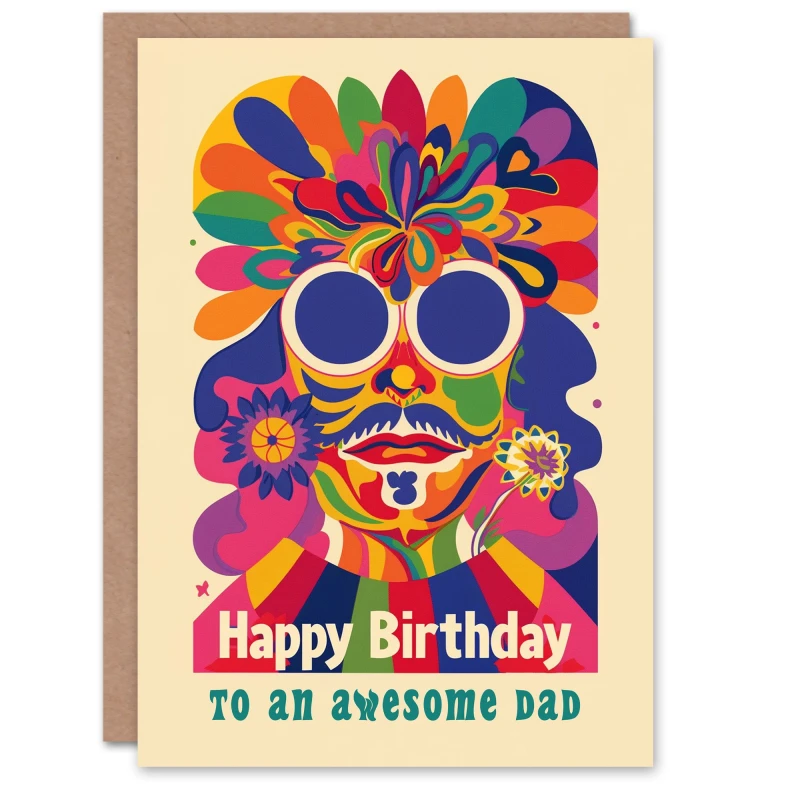 Image of Artery8 Happy Birthday Card to an Awesome Dad Colourful Trippy Hippy Psychedelic Retro Hippie Multi male