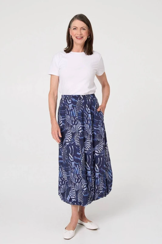 Image of Izabel London Womens Printed High Waist Midi Balloon Skirt in Navy Size: 10 Navy Female 10