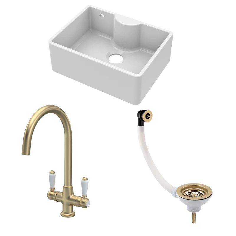 Image of BALTERLEY Fireclay Kitchen Bundle - Single Bowl Butler Sink with Overflow, Tap Ledge, Waste & Mono Tap, 595mm - Brushed Brass - Balterley BSK204WT12