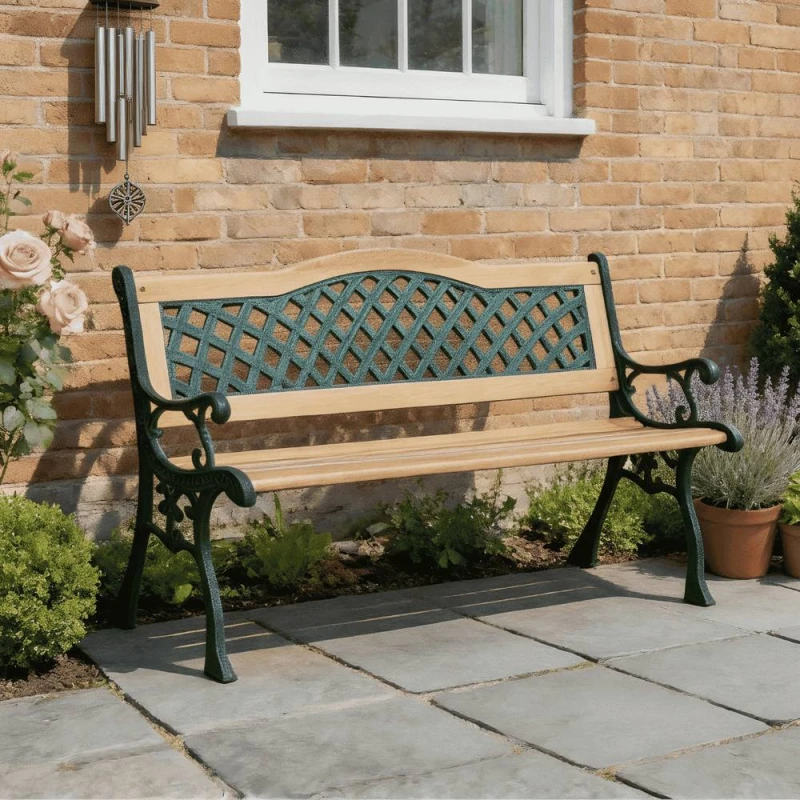 Image of Home Source Outdoor Garden Bench with Wooden Seat & Decorative Backrest in Dark Green Dark Green Unisex