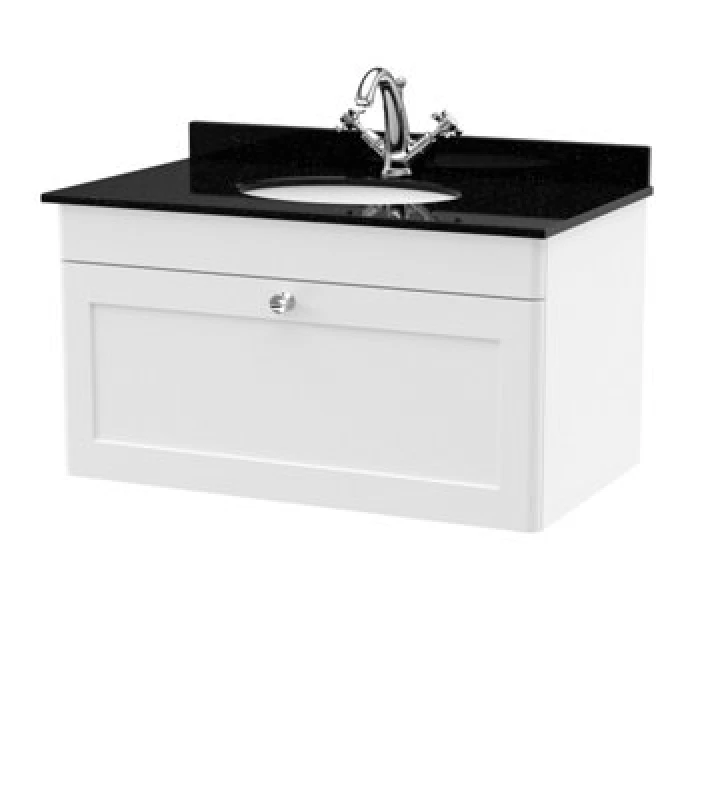 Image of nuie 800mm Wall Hung 1 Drawer Vanity & Marble Top 1TH - Satin White CLC196BR1