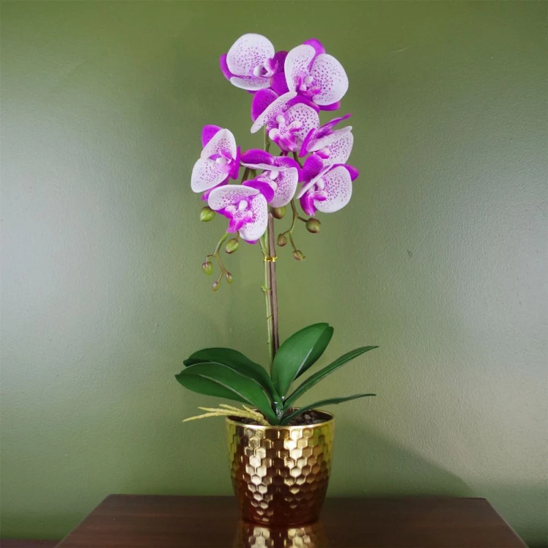 Image of Leaf Orchid Artificial Purple White 50cm Gold Pot Phalaenopsis Botanik Pink