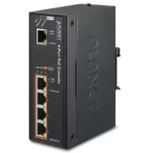 image of PLANET IPOE-E174 IP30 Industrial 1-Port 60W Ultra POE to 4-Port 802.3af/at Gigabit POE Extender (-40 to 75 C) (IPOE-E174)