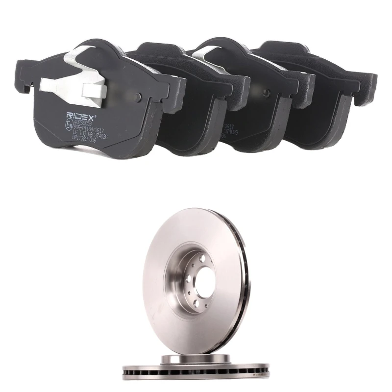 Image of RIDEX 3405B3072 Brake disc and pads set Front Axle, Brake Disc Type: internally vented, excl. wear warning contact Brake Set,disc brakes (3405)