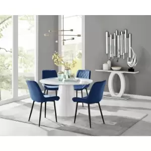 Image of Furniturebox Palma White High Gloss 4 Seat Minimalist Post Modern Round Dining Table & 4 Black Pesaro Black Leg Velvet Chairs