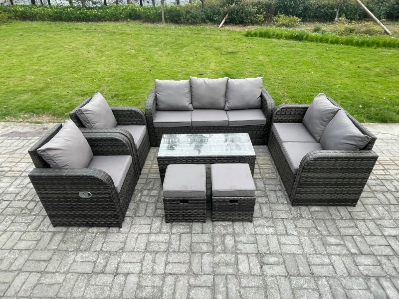 Image of Fimous Patio Garden Furniture Sets Wicker 9 Seater Outdoor Rattan Furniture Sofa Sets with Rectangular Coffee Table Reclining Chair Love seat Sofa Dar