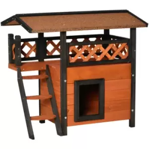 Image of Cat House Outdoor Kitten Shelter Puppy Kennel w/ Balcony Stairs Roof - Pawhut
