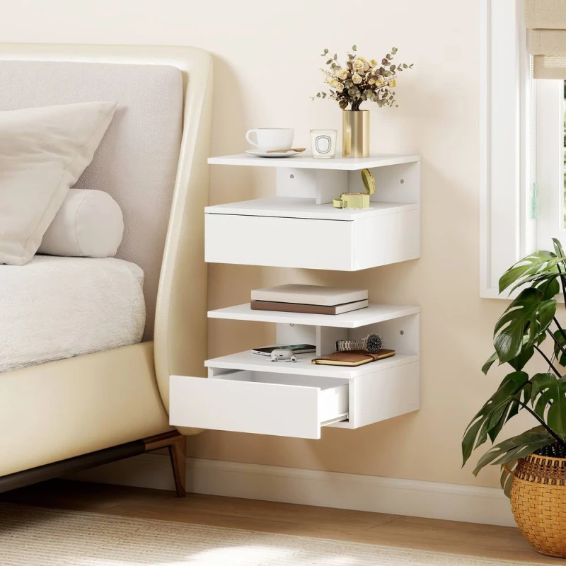 Image of HOMCOM Modern Nightstand Set of 2, Wall Mounted Bedside Cabinet in White White Unisex