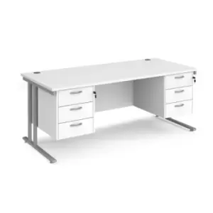 Image of Office Desk Rectangular Desk 1800mm With Double Pedestal White Top With Silver Frame 800mm Depth Maestro 25 MC18P33SWH