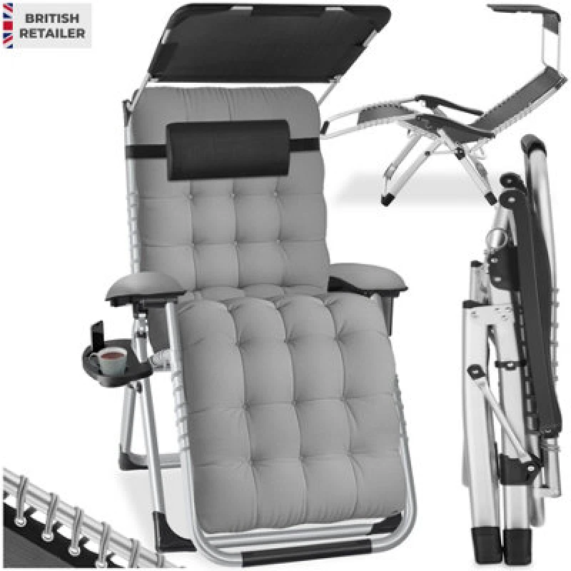 Image of Tectake Sun Lounger Cirrus With Plush Padding, Built-In Sun Shade And Folding Function - Light Grey - Per Piece
