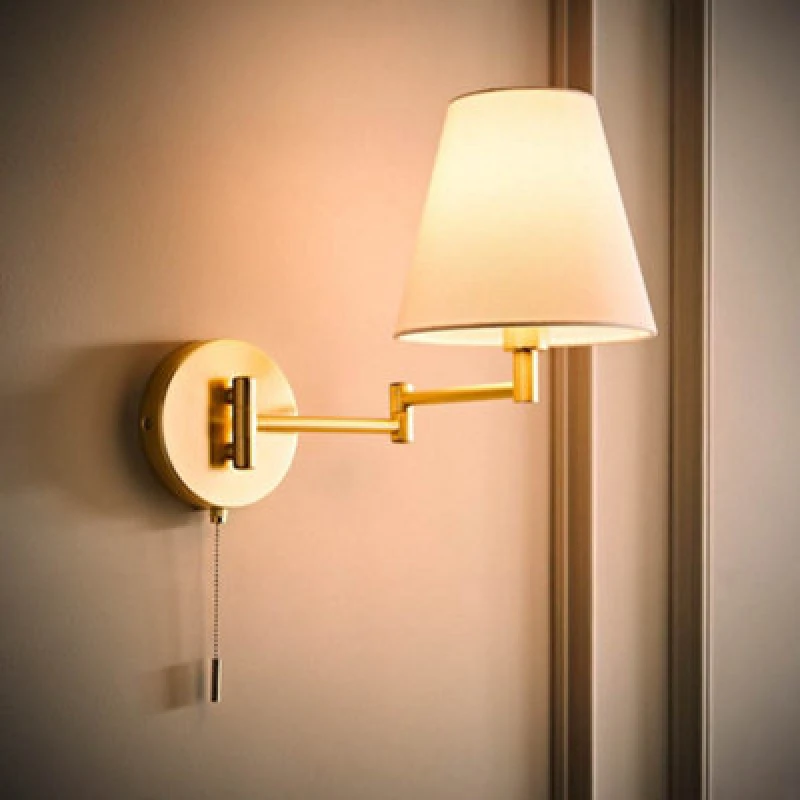 Image of ValueLights Sonia Adjustable Swing Arm Wall Light with Taper Linen Shade & Bulb in Gold Gold Unisex
