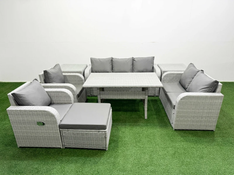 Image of Fimous PE Rattan Garden Furniture Set Reclining Chair Sofa Double Love Seat 2 Seater Sofa Lounge Set Rectangular Dining Table Big Footstool 2 Side Tab