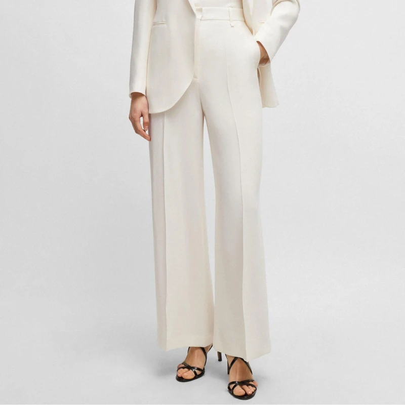 Image of Boss Tikela High-Waisted Relaxed-Fit Trousers White female 6