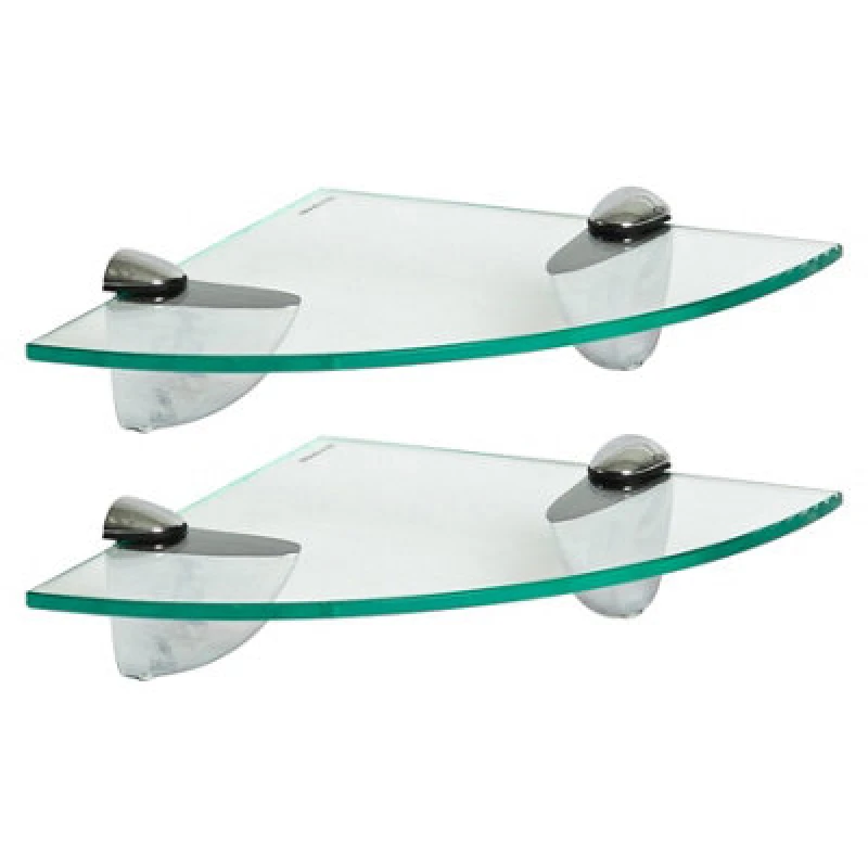 Image of Harbour Housewares 2X Floating Glass Corner Shelves - 20Cm - Silver Brackets - Bathroom Shower Storage Vanity Display Unit Shelf