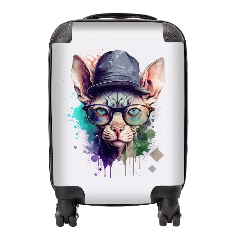 Image of Warren Reed - Designer Sphynx Cat Face Glasses & Hat Splashart Suitcase Size: Large Multicolor Unisex Large