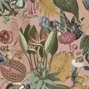 Image of Holden Decor - Holden Wonderland Jungle Floral Birds Exotic Blush Sage Green Smooth Wallpaper