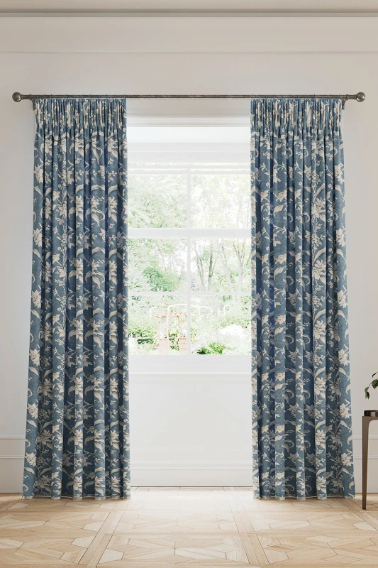 Image of V & A 'Daffodil Dreams' Lined Curtains in Blue Size: 228cm width x 183cm drop Blue Unisex 228cm width x 183cm drop