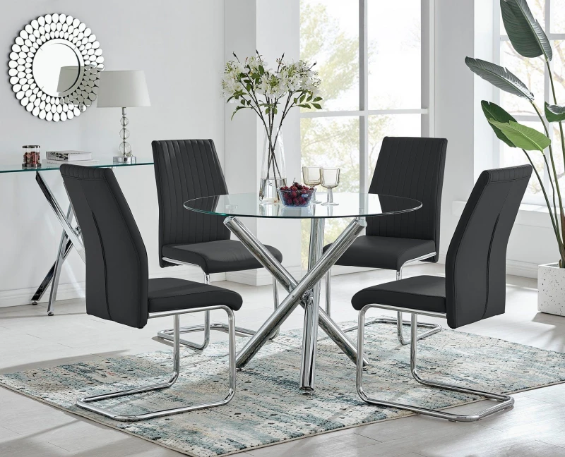 Image of FurnitureboxUK FurnitureboxUK Selina Round Glass And Chrome Metal Dining Table And Lorenzo Chairs Set in Black Size: 2 Person Black 2 Person Unisex