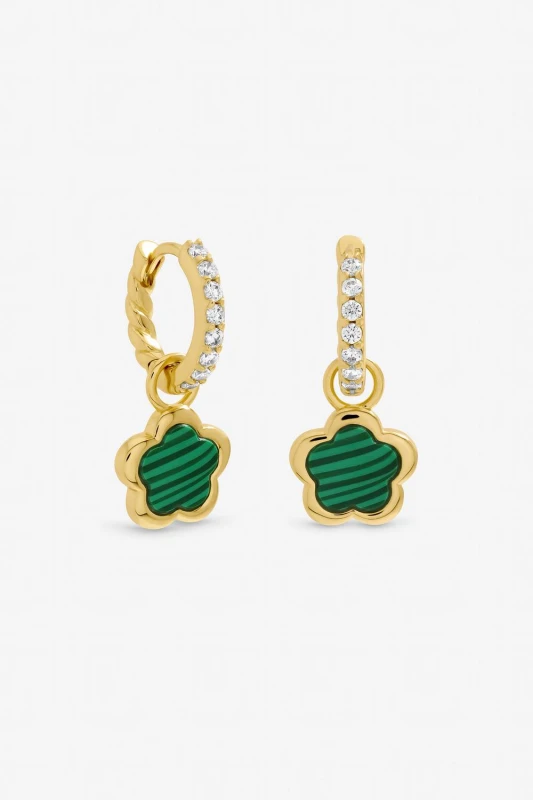 Image of Inicio Womens Gold Plated & Malachite Flower Earrings - Gift Pouch Gold Female One Size