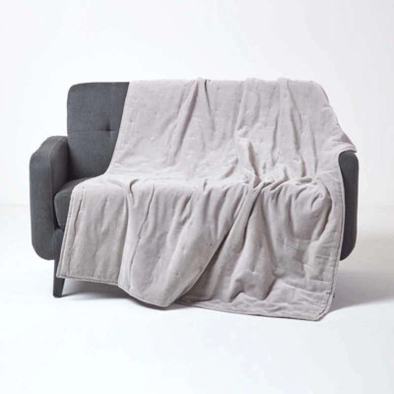 Image of Homescapes Light Grey Velvet Quilted Throw, 125 X 150 Cm