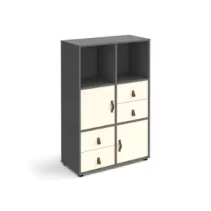 Image of Universal cube storage unit 1295mm high on glides with 2 cupboards and 2 sets of drawers - grey with white inserts