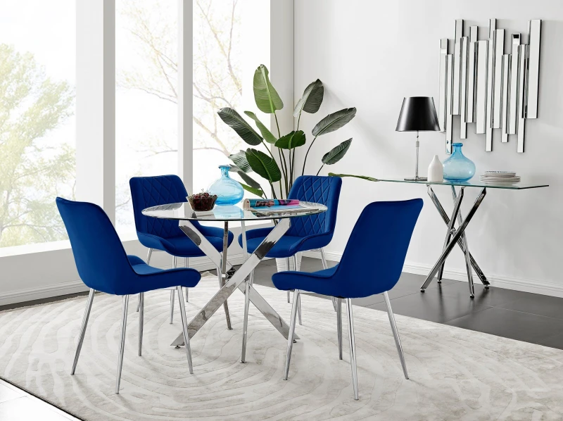 Image of FurnitureboxUK FurnitureboxUK Novara Clear Tempered Glass 100cm Round Dining Table with Chrome Starburst Legs & 4 Pesaro Velvet Silver Leg Chairs in W