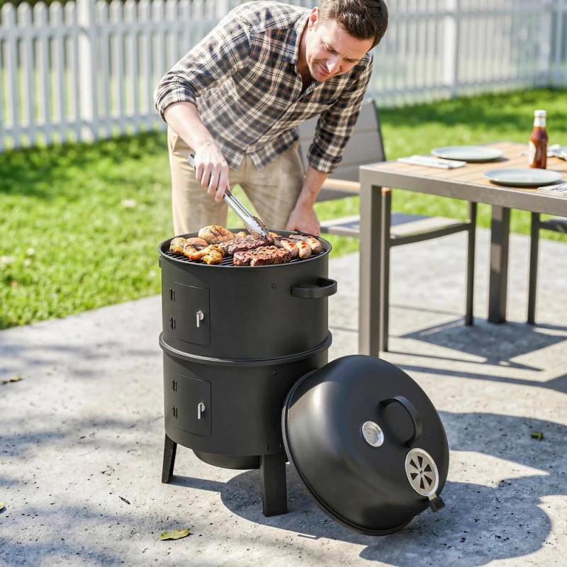 Image of OUTSUNNY 3-in-1 Vertical Charcoal Smoker with 2 Grill Grates, Thermometer in Black Unisex