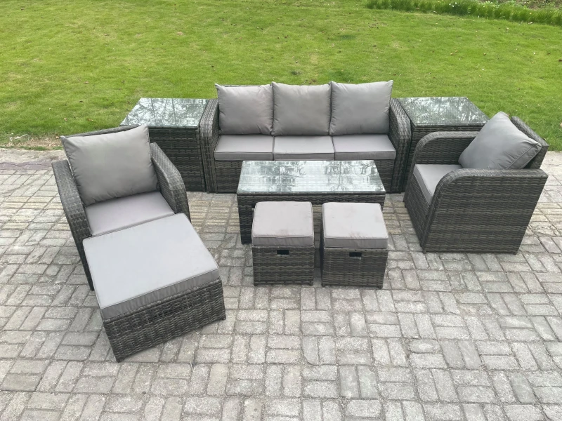 Image of Fimous Rattan Garden Furniture Set with Rectangular Coffee Table 2 Side Tables 3 Footstools 8 Seater Patio Outdoor Lounge Sofa Set Dark Grey