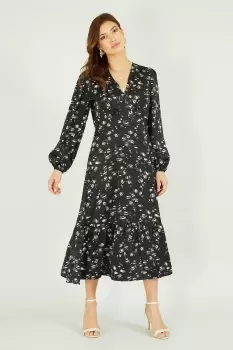 image of Black Pebble Print Long Sleeve Midi Dress