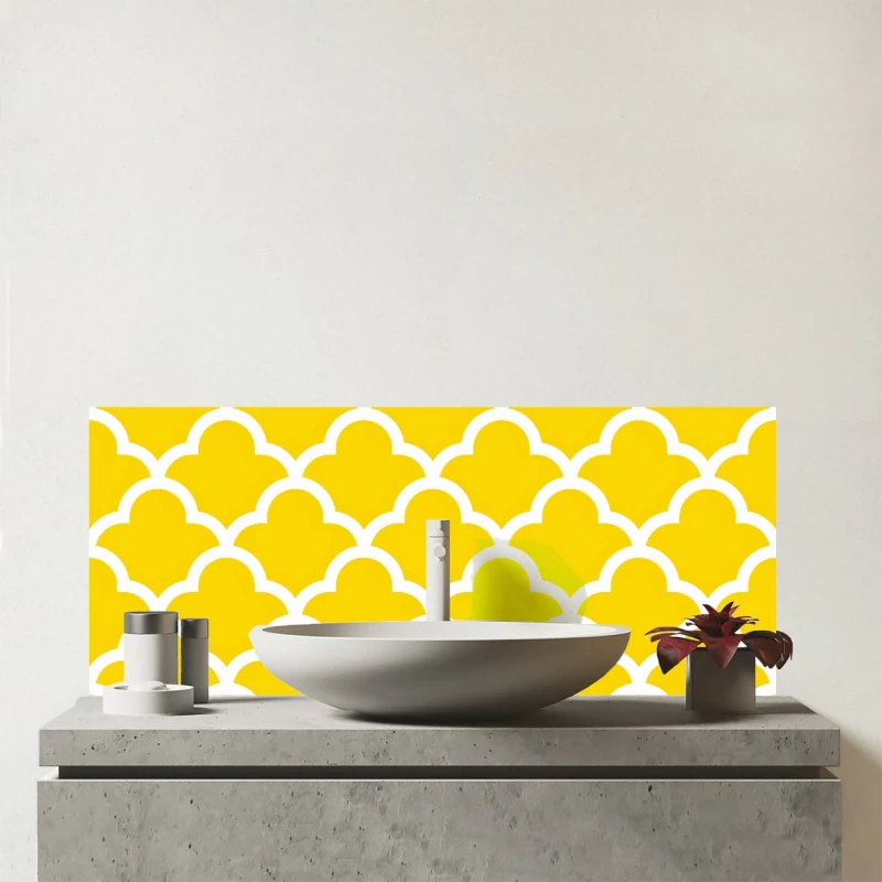Image of Warren Reed - Designer Geometric Yellow Quatrefoil Wave Glass Bathroom Splashback Yellow Unisex