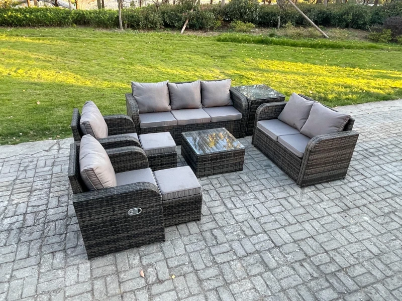 Image of Fimous 9 Seater Garden Furniture Set Rattan Outdoor Lounge Sofa Chair With Tempered Glass Table Side Table 2 Small Footstools Dark Grey Mixed Dark Gre