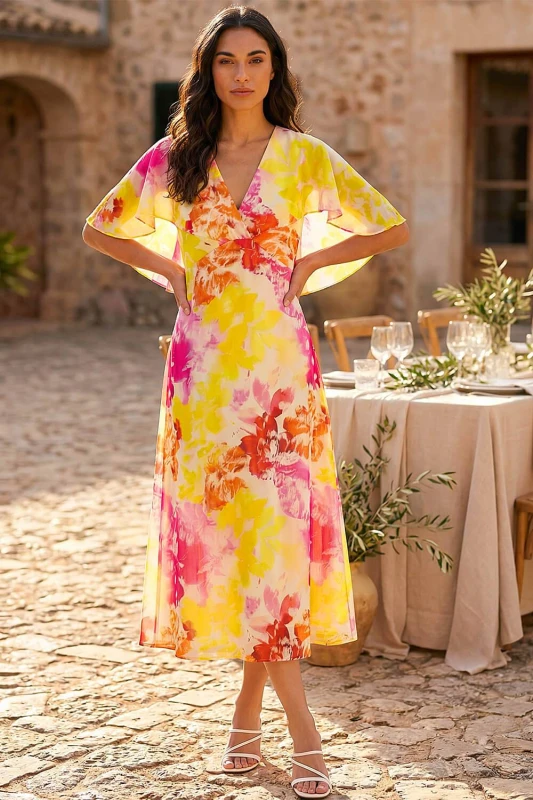 Image of Roman Womens Abstract Printed Cape Dress in Pink Size: 12 Pink Female 12