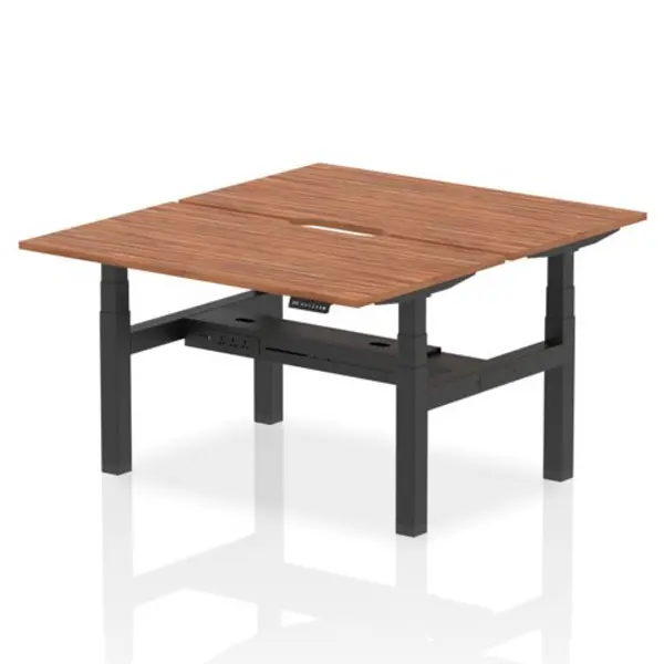 Image of Air Air Back-to-Back 1400 x 800mm Height Adjustable 2 Person Bench Desk Walnut Top with Scalloped Edge Black Frame HASSE2P14800WNTB