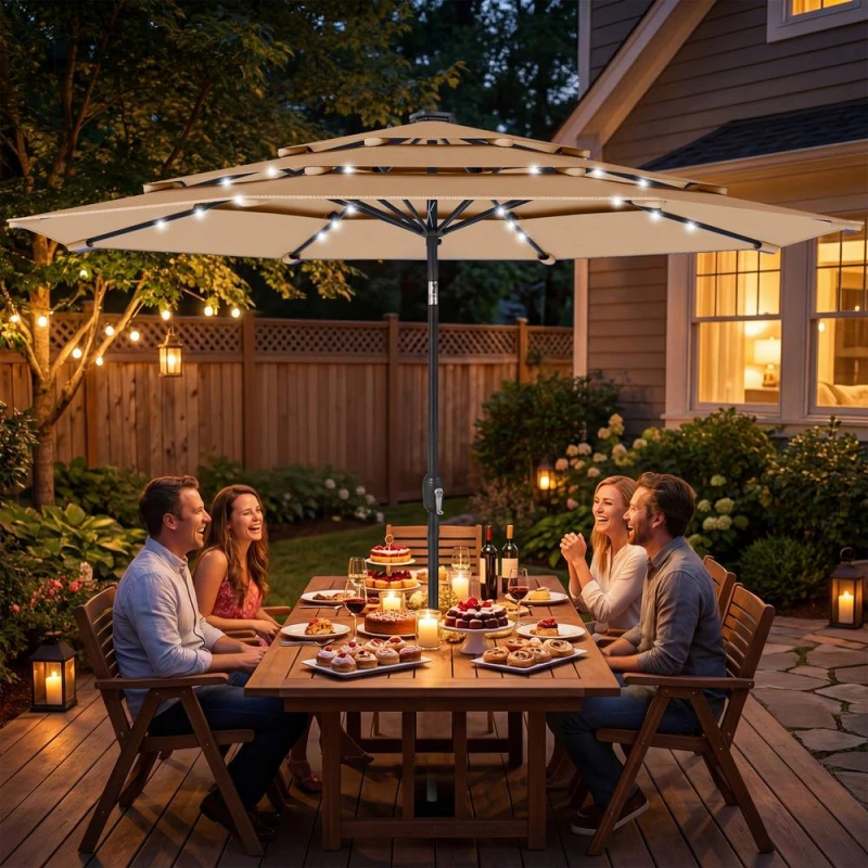 Image of OUTSUNNY 2.8 m Garden Parasol Umbrella with Light, Patio Umbrella, Khaki Size: 3m Khaki Unisex 3m