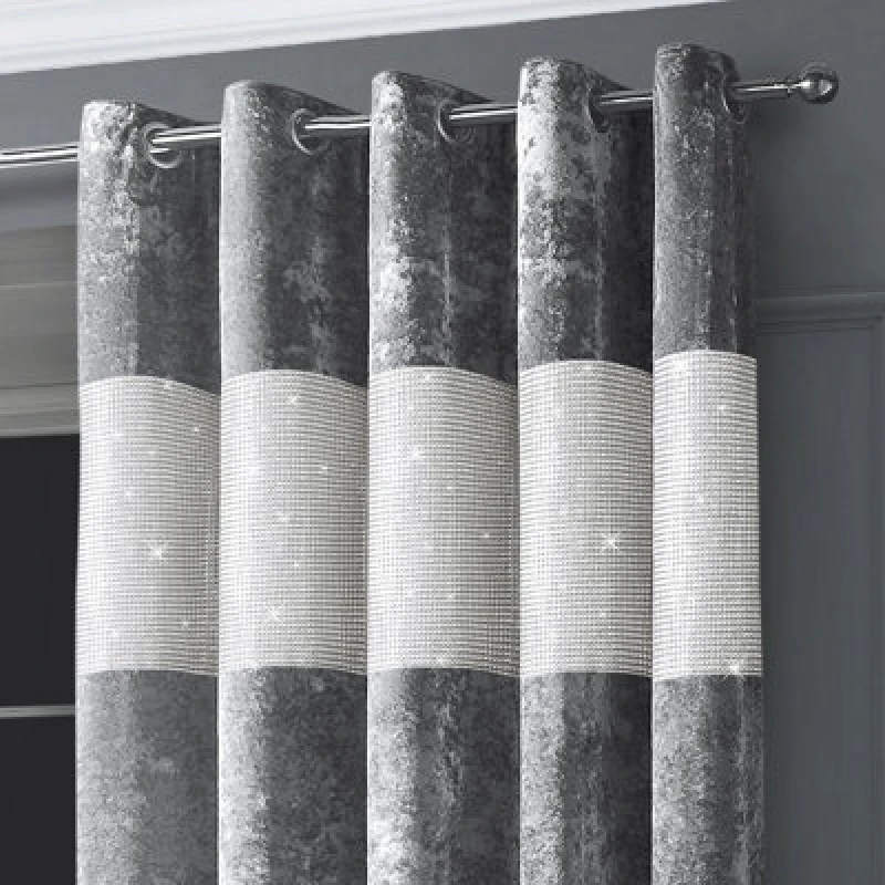 Image of Intimates Diamante Velvet Fully Lined Curtains - Luxury Ring Top Window Drapes - Silver