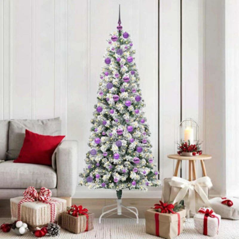 Image of vidaXL Artificial Hinged Christmas Tree with Lilac Balls Green and white 180 cm, Green 3395601