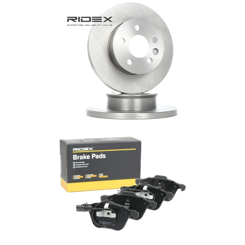 Image of RIDEX 3405B2127 Brake disc and pads set Front Axle, Brake Disc Type: Solid, incl. wear warning contact Brake Set,disc brakes (3405)