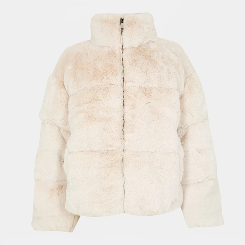 Image of Jack Wills Womens JW Fur Long Sleeve Short Puffer Jacket Cream female 6 (2XS)